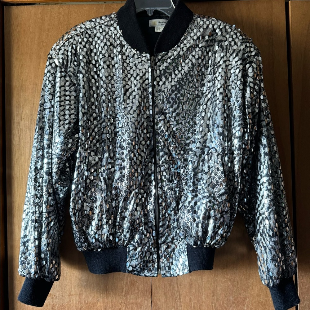 Vintage Metallic jacket silver and black tiger/cheetah back ground